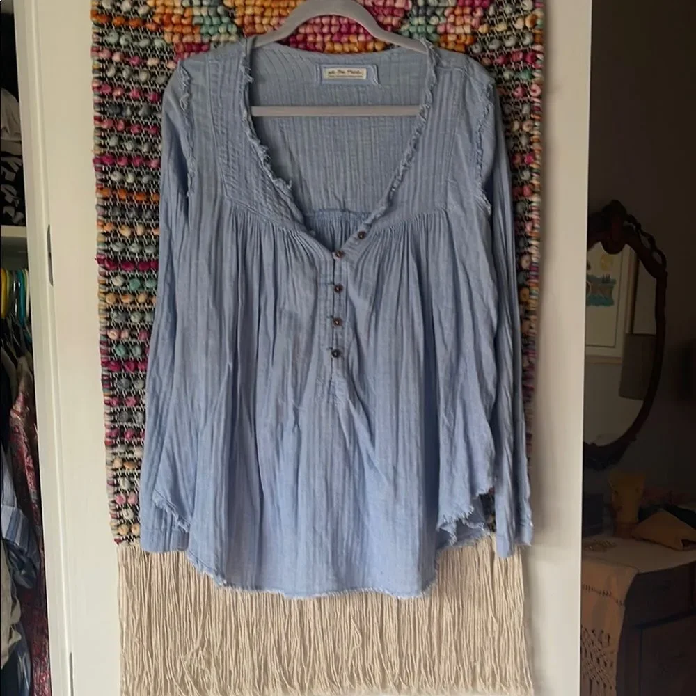 We The Free Blue Ruffled Buttoned Blouse - Picture 1 of 7